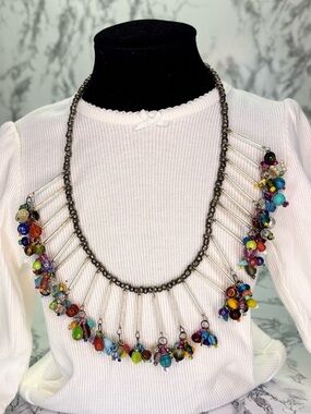 Vintage Multicolor Beaded Fringe Bib Style Necklace with Antiqued Heart Chain